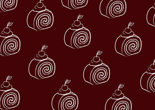 Seamless Hand Drawn Cupcake Pattern on Dark Red Background