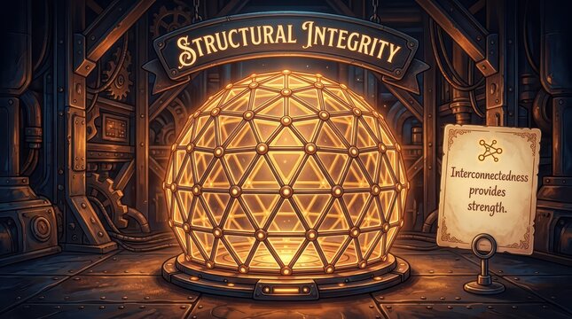Steampunk laboratory with glowing geodesic sphere symbolizing structural integrity and interconnectedness, vintage technology and mechanical elements.