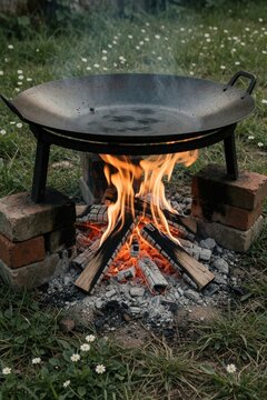 Round metal discada pan cooks food over open wood fire. Bricks support the hot cooking surface. Outdoor meal preparation with flames and embers creates delicious cuisine for gatherings.