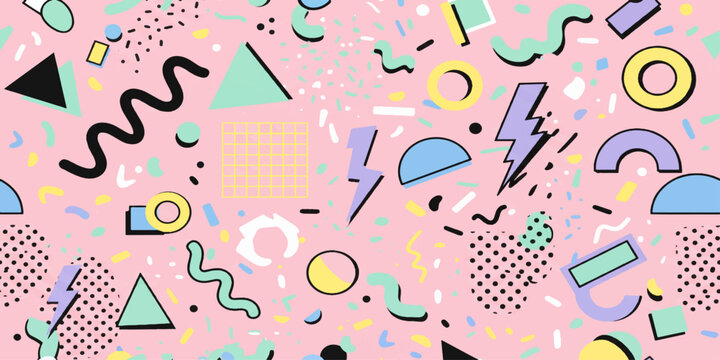 Seamless pattern with colorful geometric shapes and squiggly lines in a retro eighties and nineties memphis style
