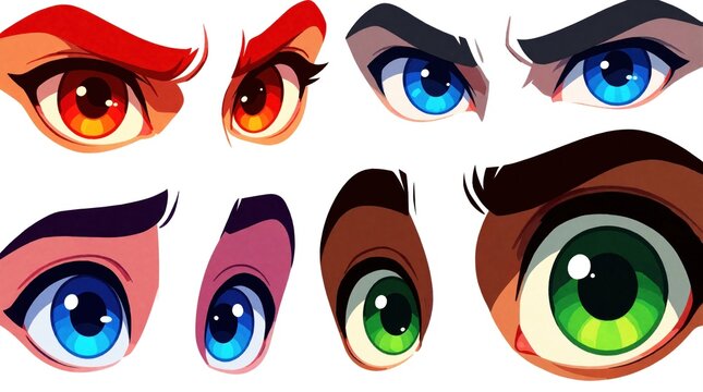 Set of diverse human eye illustrations with different colors, emotions. Collection shows blue green, brown eyes with various eyebrow shapes. Graphic elements display expressions like anger joy for