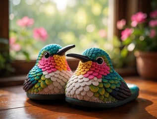 Obraz premium Close up of kawaii hummingbird shaped slippers on wooden table. Colorful bird design footwear with scales texture rests near window. Cute animal themed house shoes add cozy style to indoor home decor