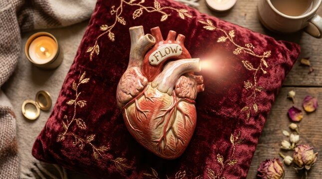 Mysterious anatomical heart sculpture with word "Flow" glowing with light on a velvet cushion, surrounded by romantic elements.