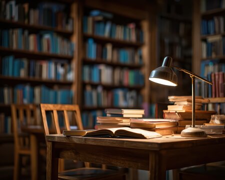 Cozy library study desk with open textbook, stacked books and glowing reading lamp surrounded by bookshelves at night, creating a quiet academic workspace for focused learning and research