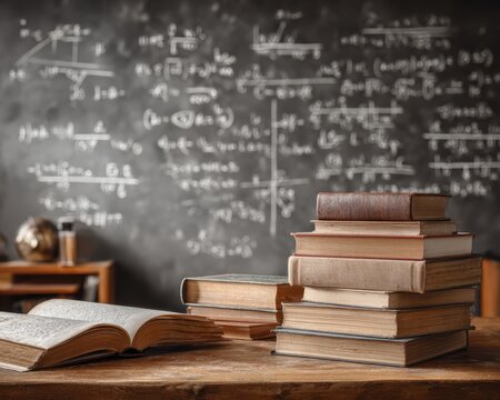 Stack of vintage textbooks and open book on wooden classroom desk with scientific formulas written across chalkboard, creating a classic academic setting for science education, research and learning