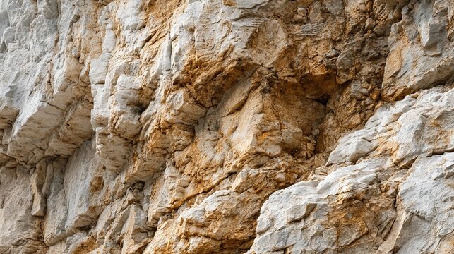Close-up of a rugged rock face, showing layers and textures with varying tones of grey and warm browns