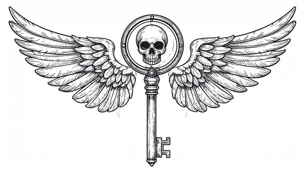 Skull key with angel wings symbol.