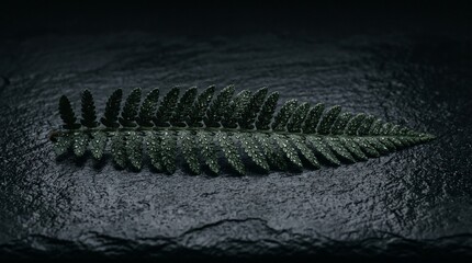 A detailed close-up of a single lush green fern leaf covered in glistening water droplets resting on a dark textured slate background with dramatic moody lighting and cinematic atmosphere © NOIR