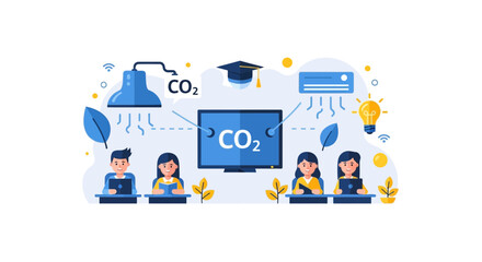 Fototapeta premium Environmental Education Vector: Students Learning About CO2 Emissions and Sustainability