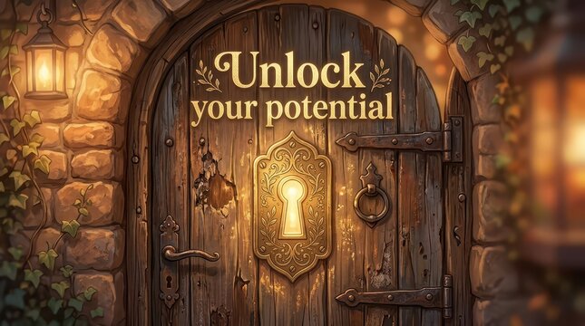 Mysterious ancient wooden door with ornate keyhole and inscription "Unlock your potential", symbolizing opportunity and discovery.