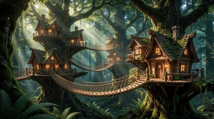 Naklejka premium Whimsical forest village with cozy treehouses connected by rope bridges. Magical sunlight streams through ancient trees illuminating fairy tale homes nestled high in the canopy.