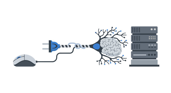 AI neural network illustration linking computer mouse to server racks for machine learning and digital data processing.