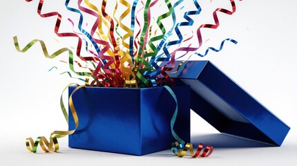 Naklejka premium Blue gift box explodes with colorful streamers on white background. Bright curly ribbons burst out from open present. Festive party decoration for birthday celebration, anniversary holiday surprise