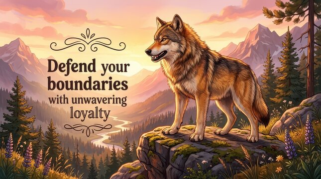 Majestic wolf standing on a cliff overlooking a mountain valley at sunset, with inspirational text 'Defend your boundaries with unwavering loyalty'