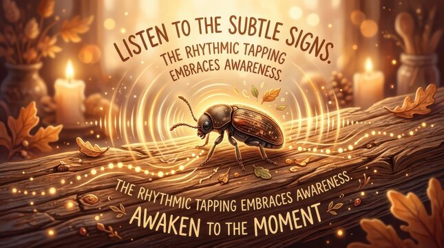 Mysterious beetle on a rustic log with glowing energy waves, surrounded by autumn leaves and candlelight, symbolizing awareness and mindfulness.