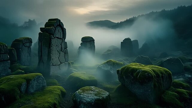 Misty Ancient Standing Stones in Foggy Forest Landscape, Mystical Nature Background
