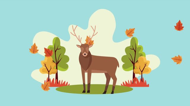 Autumn landscape animation featuring standing deer and falling orange leaves in forest environment.