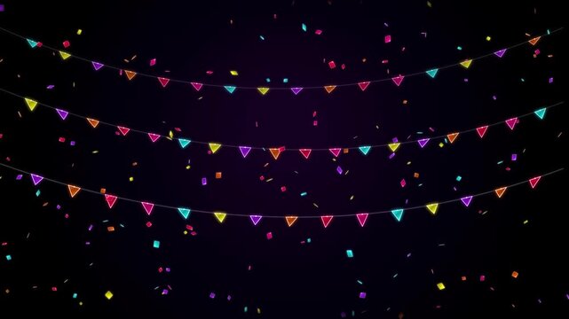 Festive celebration with colorful triangular party flags strung across the scene with scattered confetti pieces in vibrant hues against a dark gradient background