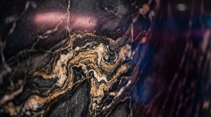 Fototapeta premium Abstract macro texture of luxurious black marble with swirling gold and white veins elegant stone background with soft purple rim lighting for sophisticated interior design and high-end surf