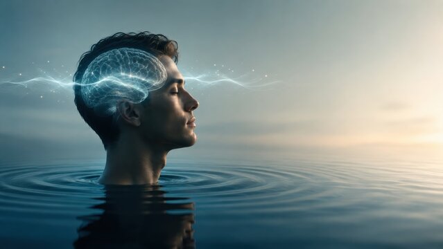 Profile view of man submerged in serene water with glowing light energy pulses inside brain anatomy.