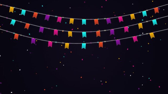 Festive celebratory colorful triangular bunting flags strung across the image against a dark background with falling confetti during a joyous event