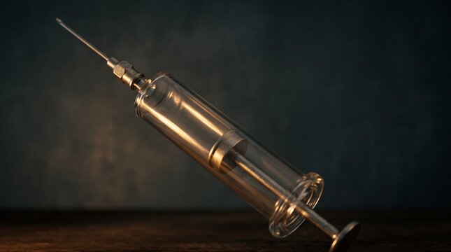 Vintage glass syringe with metal needle resting on a dark wooden surface in dramatic cinematic light for medical history or laboratory science concept