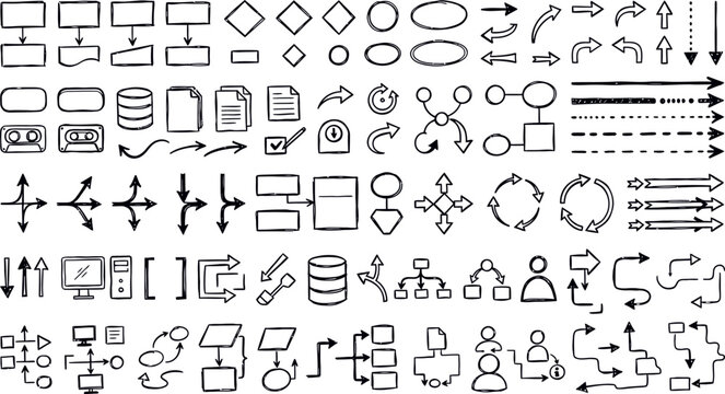 Collection of hand drawn flowchart elements including various geometric shapes arrows connectors and process boxes for business diagrams and project planning
