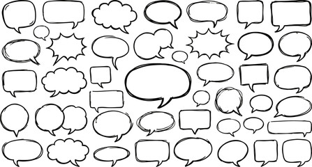 Fototapeta premium A large collection of hand drawn speech bubbles and thought clouds isolated on a white background for comic book design elements