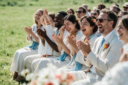 Wedding guests clap joyfully in sunlit meadow