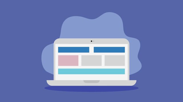Animated laptop displaying a website layout with progress bars and abstract shapes on blue background.