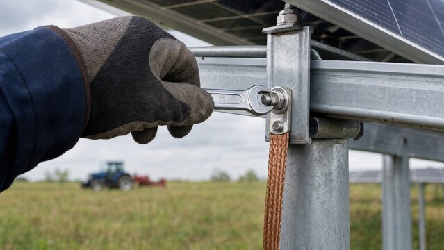 A technician adjusts solar panel support with a wrench, demonstrating renewable energy maintenance in an outdoor setting.