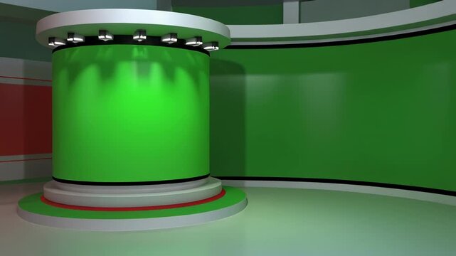 Studio Set with Green Screen Background and Modern Podium for Broadcast or Presentation