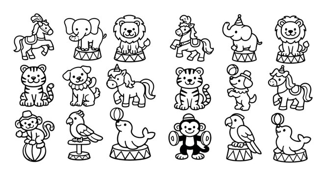 Circus and animal vector icons with horse, elephant and lion for children entertainment design