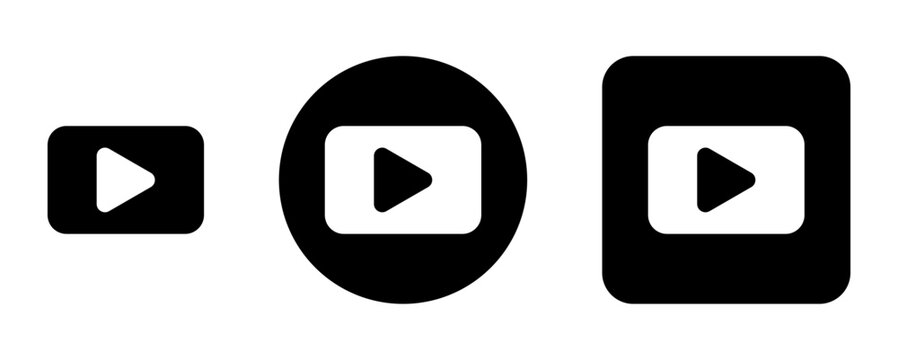 Play video button icon set with simple media player symbols in rectangle and circle shapes for video streaming, multimedia interface, entertainment apps, website controls, and digital UI design.