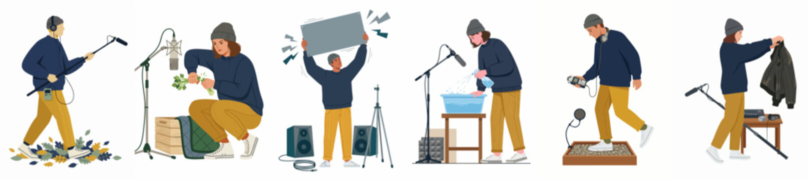 Set of flat illustrations depicting a foley artist creating various sound effects in a recording studio using different props and equipment.