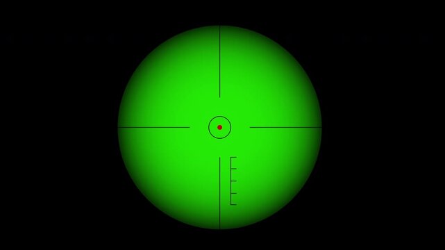 Green night vision reticle, Military, hunting, and tactical use,with a red dot, shines on a black background.