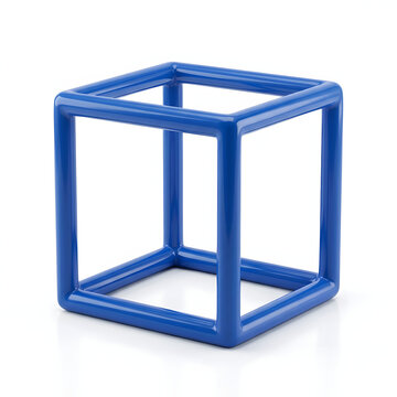 Shiny blue hollow cube frame rendered in three dimensions against a clean crisp white background surface