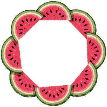 Watermelon slices form a circular frame on white background. Juicy fruit border design for summer party invitations, menu cards, or seasonal promotions. Fresh healthy food concept.
