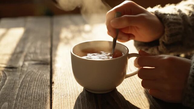 Person stirring tea in a white cup on a wooden table close up shot