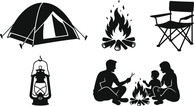Set of black camping silhouettes featuring a tent campfire folding chair lantern and a family sitting by fire