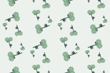 Hand drawn lobed clover leaves and star flowers seamless repeat pattern in green © Collorio