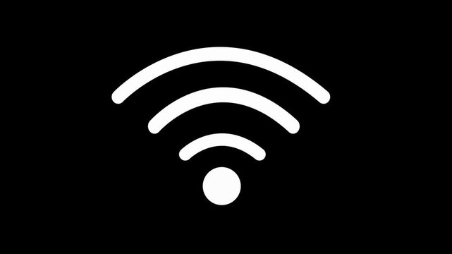 White Wi-Fi signal icon animation loop on black background. High speed wireless internet connection, network connectivity, signal strength indicator, communication technology, online data .