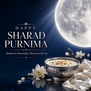 Happy sharad purnima sweet kheer bowl offering under bright moonlight with fullmoon