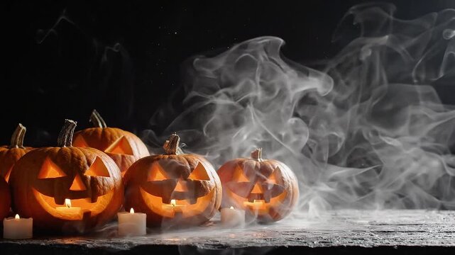 Carved jack-o'-lantern pumpkins glow with flickering candlelight amidst swirling thick white smoke in this atmospheric high-resolution motion video footage for spooky seasonal holiday festive events