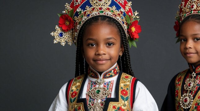 African girls wear ornate bunad folk costumes with elaborate headpieces. Children smile, displaying national heritage and cultural pride in festive attire.