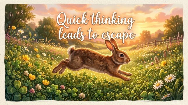 Rabbit running through a vibrant, sunlit meadow with clover and wildflowers, embodying quick thinking for escape