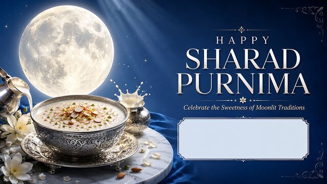Sharad purnima celebration greeting with full moon and traditional milk sweet bowl
