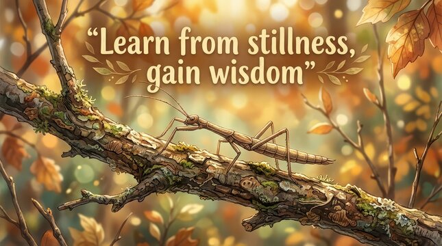 Stick insect camouflaged on a mossy branch in autumn forest, with inspirational quote about wisdom and stillness
