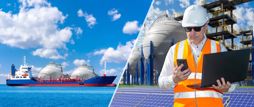 LNG transportation, engineer manages liquefied natural gas delivery from tanker ship to energy terminal using digital systems and industrial infrastructure.