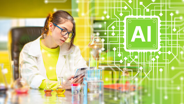 Artificial intelligence research, scientist uses AI technology to analyze laboratory samples, chemical data and experimental results for scientific research.